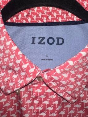 IZOD Pink Flamingo Print Button Up Shirt Men’s Large Tropical.